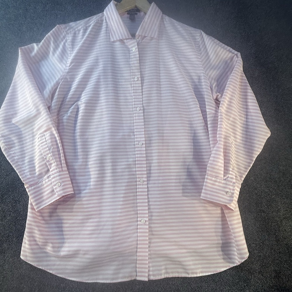 Chaps No Iron Shirt Womens 2X Pink White Stripe Button Front 100% Cotton Plus